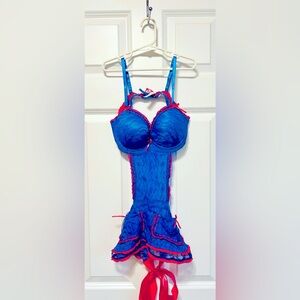 Vibrant Blue and Pink Corset Bra and Panty with Lace Accents